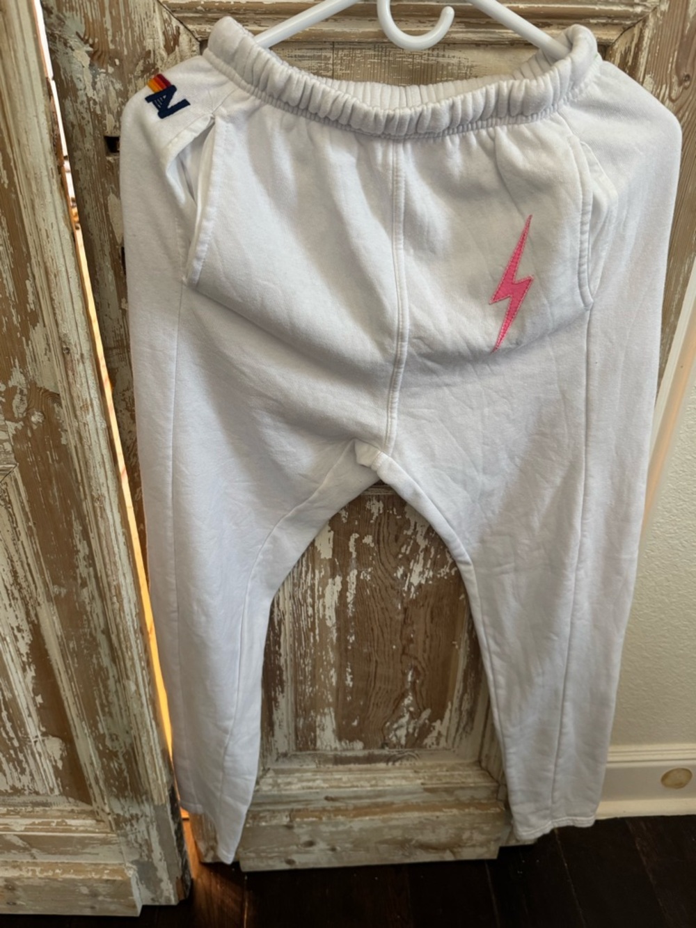 Women’s Aviator nation White Sweatpants with Pink Lightning Bolt